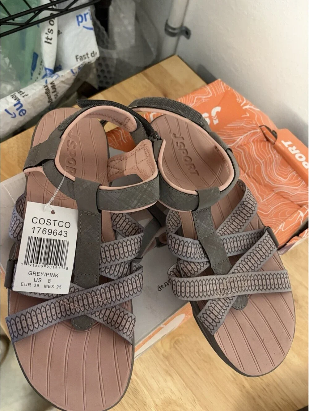 JSport Kaia Sport Sandals Grey/Pink Adjustable Straps NIB - Size 8